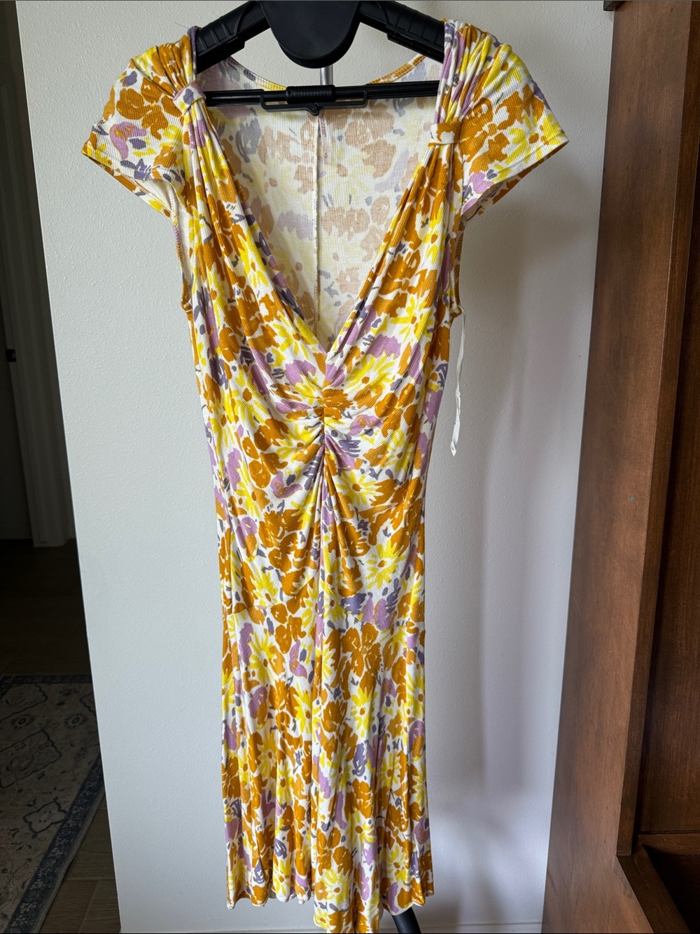Free People Floral Twist-Front Midi Dress in Mustard, Lavender & Cream